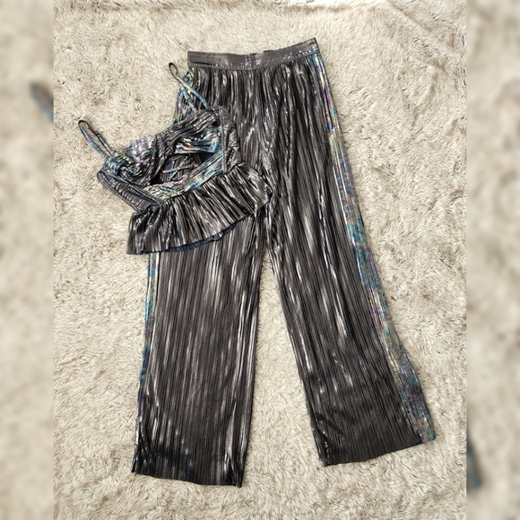 Sabina Musayev Pants - Free People Sabina Musáyev‎ Burnished Metal Pleated Laminate Dark Silver Set XL
